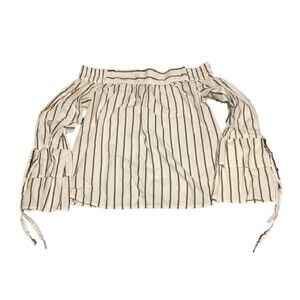 E & M top Women Medium white black gold striped 100% COTTON Beachy Coastal Retro